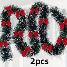 2pcs/Set With Red Bow, Dark Green & White Snowflake Christmas Floral Garland, No Light Artificial Wreath, Suitable For Outdoor Or Indoor, High-Quality Soft Green Holiday Decor, Applicable For Indoor/Outdoor Holiday Decorations, Fireplace, Stairs, Christmas Decorations, Christmas Wreath, Suitable For Front Door, Halloween Decor, High-Quality Artificial Floral Garland Decoration, Soft Material - Enhance Holiday Atmosphere - View 6