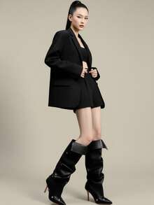 2026 Pointed Toe High Heel Stiletto Western Cowboy Tall Boots With Button Patchwork, 2-In-1 Wearable Slouchy Fashion Boots For Women - Black - View 6