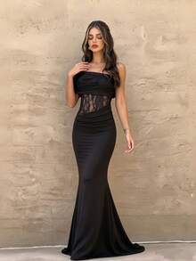 Elegant Women's One-Shoulder Ruched Lace Patchwork Waist-Cinching Bodycon Evening Gown - Black - View 1