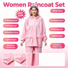 Setelan Jas Hujan Tahan Air 2 Potong Wanita, Jaket Hujan + Celana Hujan, Desain Tudung Ganda, Resleting Penuh, Perlengkapan Hujan Reflektif untuk Sepeda Motor, Jas Hujan Luar Ruangan yang Bernapas, Cocok untuk Skuter, Bersepeda, dan Perjalanan Sehari-hari - Pakaian wanita - View 3