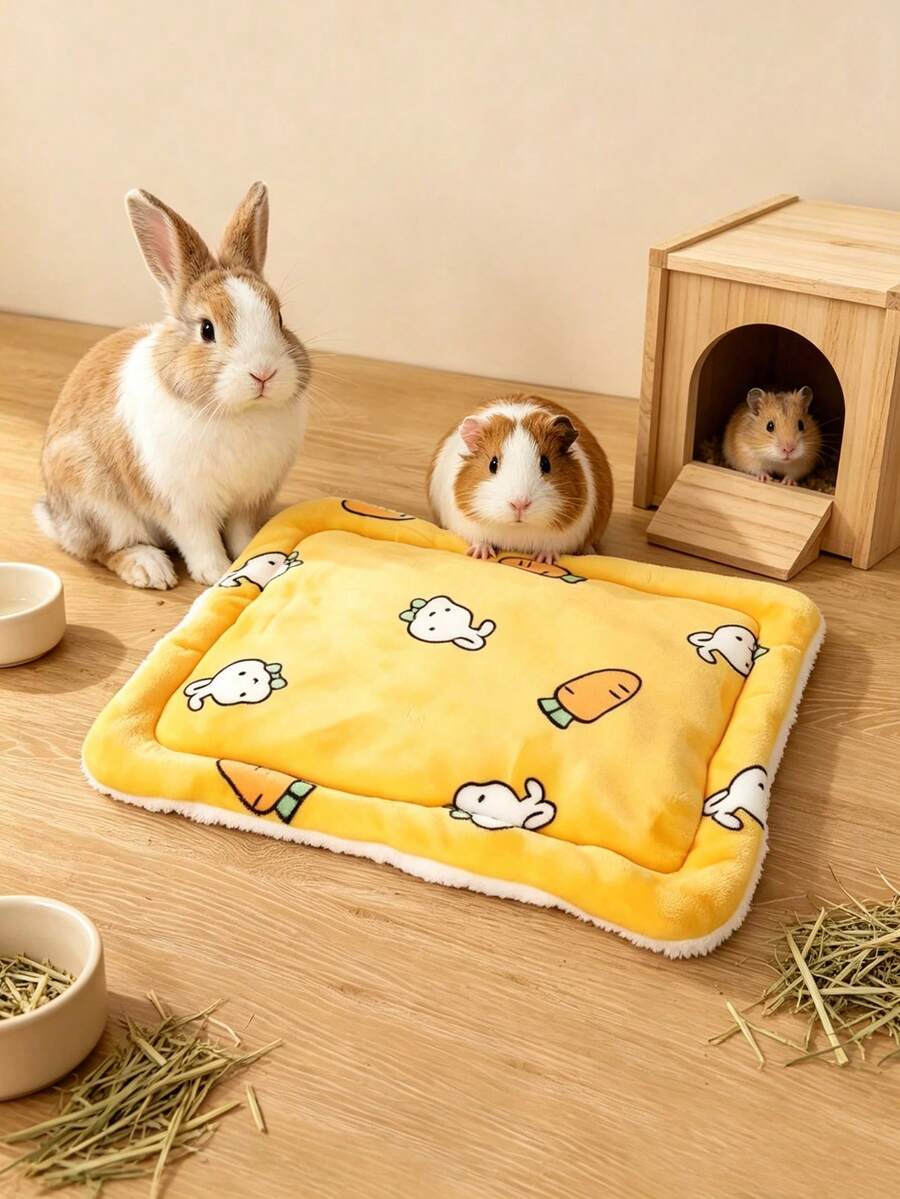 Cartoon Print Fleece Pet Mat, Random Inner Lining Color, Windproof And Warm, Thickened Rabbit Foot Pad, Suitable For Small Pets - A - View 1