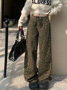 Women's American Style Leopard Print Wide Leg Jeans, Spring/Autumn Design, High Waist Slimming Height-Enhancing Loose Straight Leg Denim Pants, - Picture Color - View 1