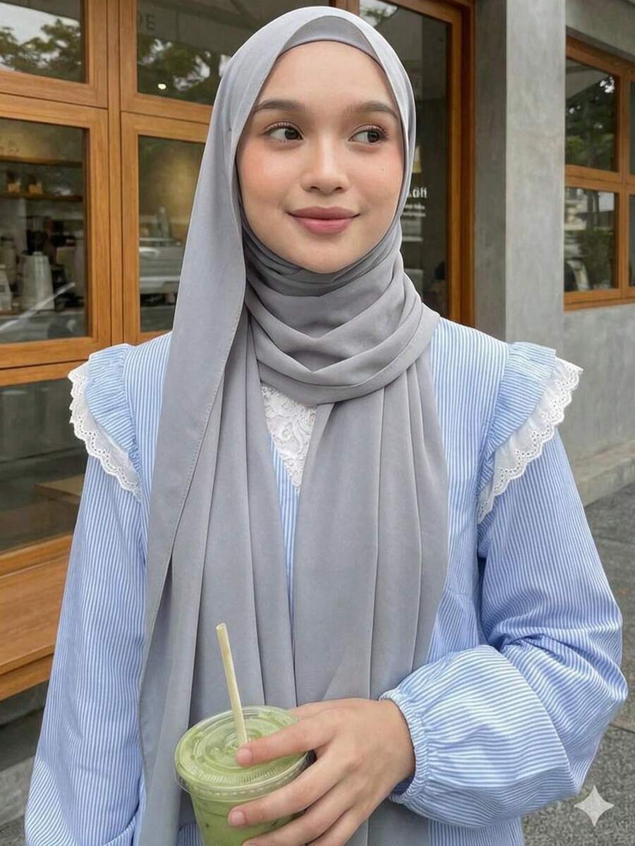 1件柔軟垂墜純色頭巾,百搭通勤風格,女款穆斯林希賈布 - 灰藍色 - 查看 1