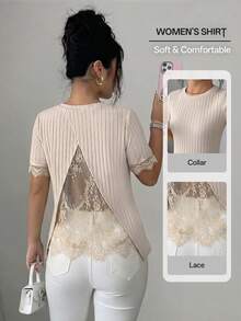 Camiseta de mujer primavera/verano elegante de punto acanalado con diseño de encaje transparente en la espalda, manga corta y ajuste holgado - Blanco - Ver 1