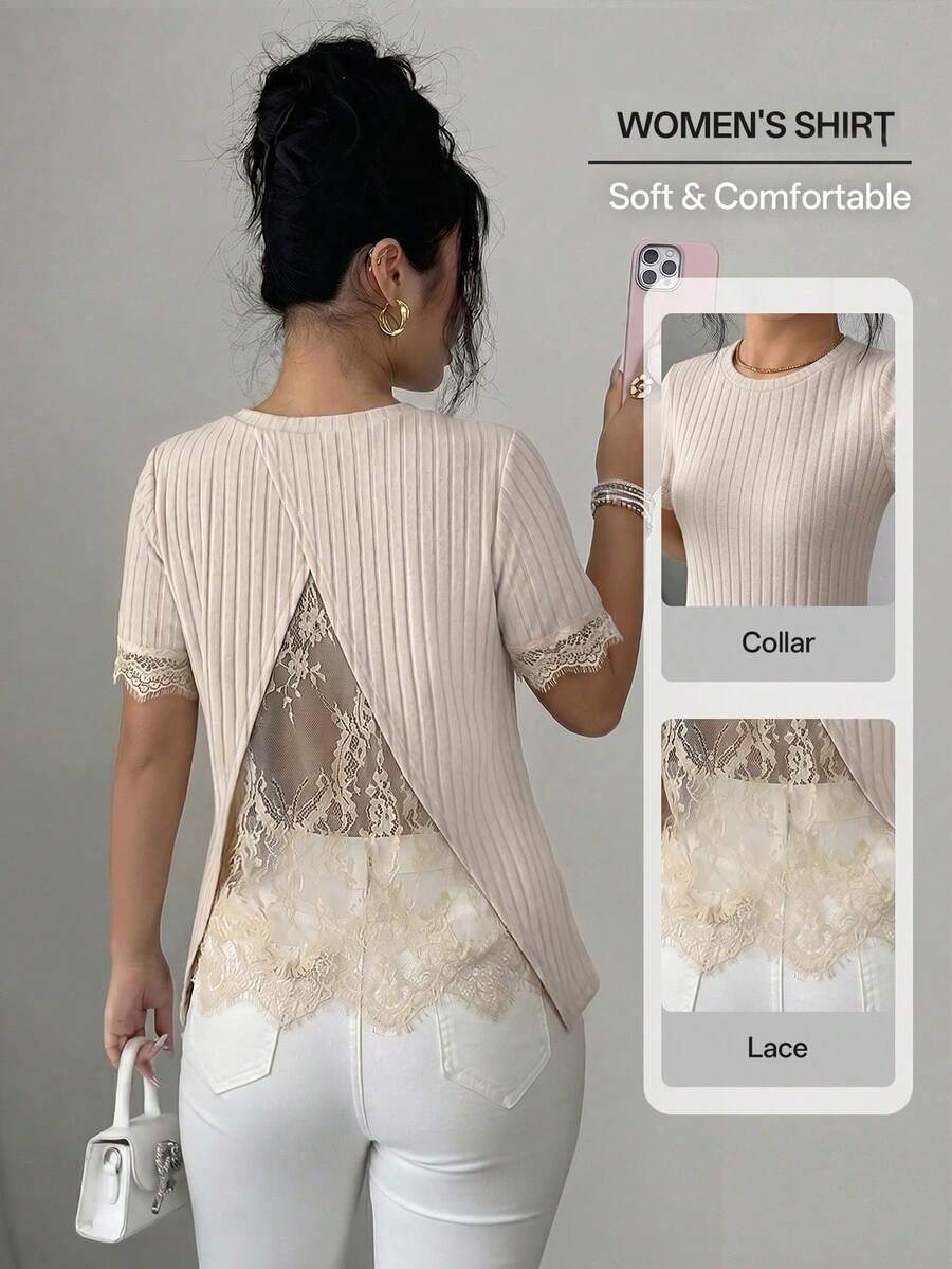 Camiseta de mujer primavera/verano elegante de punto acanalado con diseño de encaje transparente en la espalda, manga corta y ajuste holgado - Blanco - Ver 1