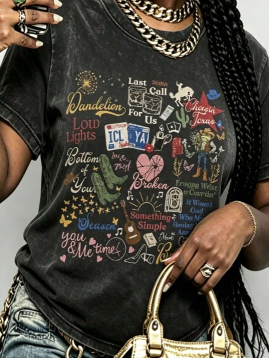 Y2K,Ellas Dandelion Lyric Shirt Choosin Texas Song Tee, Ellas Fellas Club Shirt, Vintage Country Concert Outfit, Retro Western Tour Apparel,Soft - 黑色4 - 查看 1