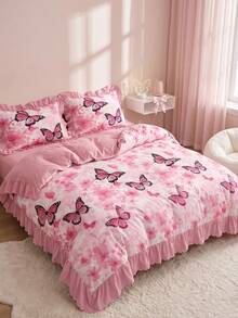 2/3pcs Ruffle Duvet Cover Set, Dorm Bedding, Pink Floral Bedding Set, Cozy Room Decor, Skin-Friendly Breathable, Ultra Soft Anti-Pilling, No Duvet Insert Included, Suitable For Single/Double/Queen/King Bed, All Season, Machine Washable, Back To School - Multicolor - View 9