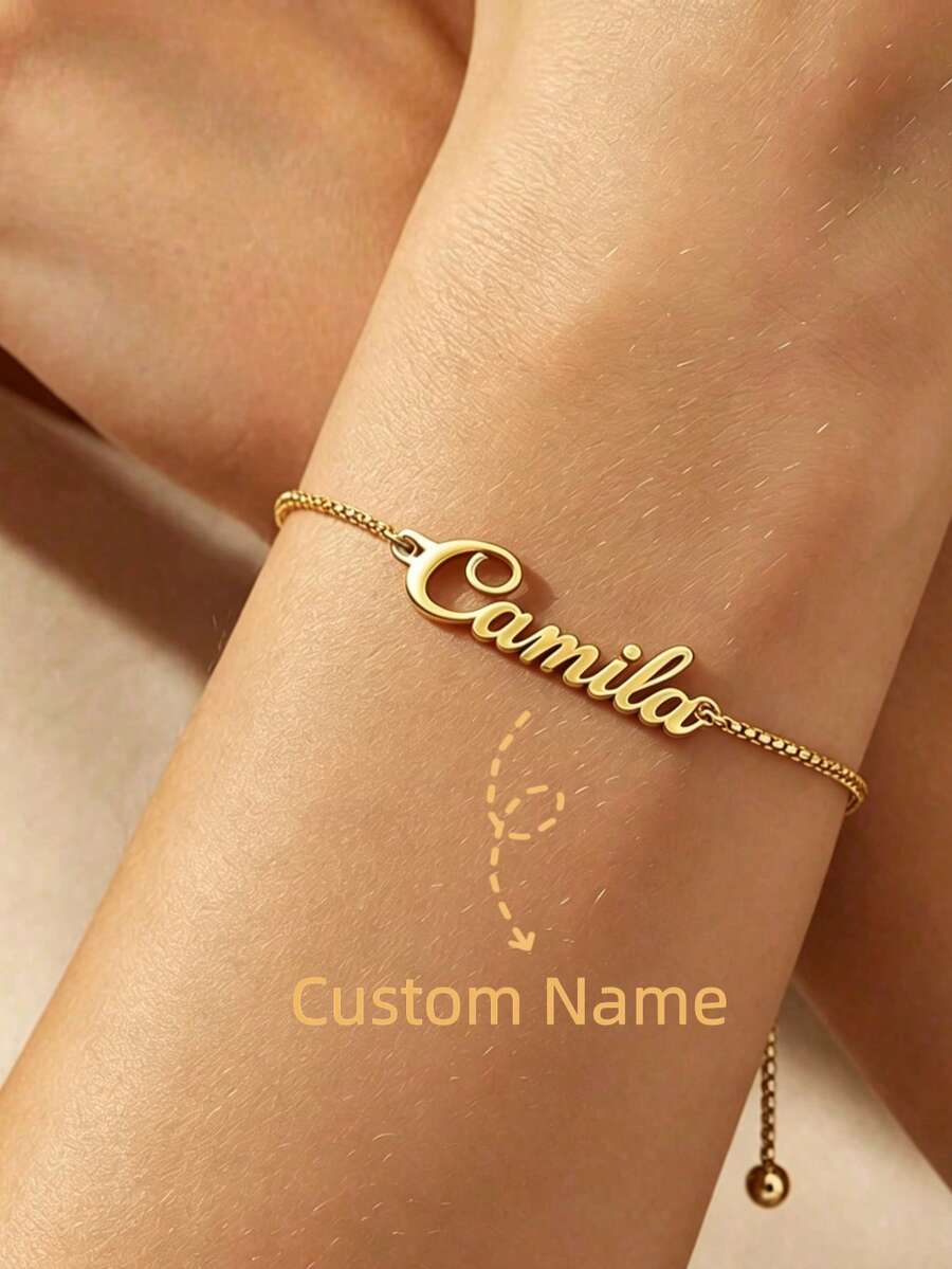 Personalized Name Bracelet, Customized Name Jewelry, Youth Bracelet, Stainless Steel Name Tag Bracelet, Adjustable Pull Chain Bracelet, Anniversary, Birthday, Wedding Accessory Gift, Personalized Wrist Bands - Multicolor - View 1