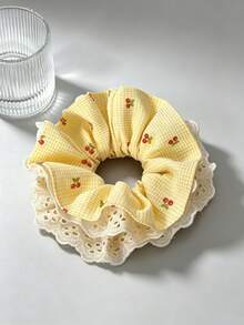1pc Plaid Cherry Print Scrunchie, Fabric Elastic Hair Tie, Sweet Women's Daily Hair Accessory - Multicolor - View 1