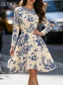 DONICY Women's Tovar Pattern Round Neck Long Sleeve A-Line Short Dress, Casual Date Outfit - Multicolor - View 5