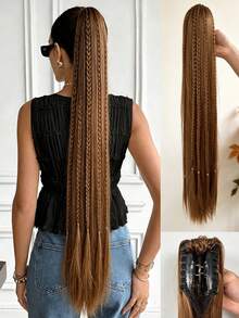 30 Inch Brown Multi-Color Gradient Straight Synthetic Ponytail Wig (Braided Design); Suitable For Women To Wear On Christmas, Halloween, Music Festivals, Parties And Daily Life. - Multicolor - View 19