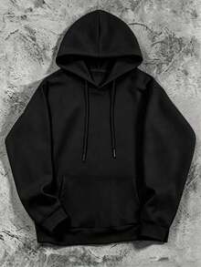 Men's Casual Solid Color Drawstring Plus Size Sweatshirt, Spring/Autumn Thin Style, Loose Fit 1XL-6XL, Suitable For Heavier Body Types - Black - View 3