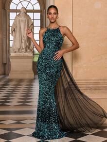 Elegant Women's Halter Neck Black & Peacock Blue Sequin Chiffon Patchwork Back Train Evening Party Dress - Peacock Blue - View 2