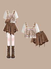 Floral Top + Brown Mini Skirt
