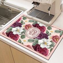 1pc Camellia Pattern Printed Diatomaceous Earth Kitchen Dish Drying Mat, Absorbent Dish Drying Pad, Coffee Machine Mat, Dishwashing Mat, Sink Mat, Kitchen Countertop Protector, Suitable For Cups, Plates, Tableware And Kitchen Decor - Multicolor - View 7