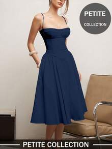 Soulscape Women's Petite Elegant Sexy Solid Color Spaghetti Strap Dress, Tailored Design Flatters Figure Summer - Navy Blue - View 8