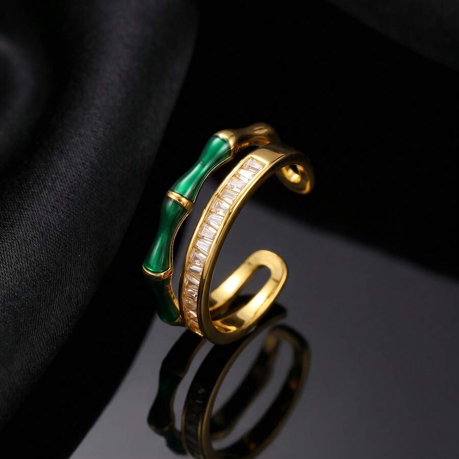 14K Gold Plated Copper Double Layer Bamboo Joint Open Ring, Green Enamel And Rectangular Zirconia Accents, Women's Stackable Jewelry, Suitable For Daily And Evening Wear - Green - View 1