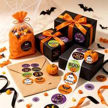 500/1000 Halloween Circular Sticker Roll, Orange Pumpkin Ghost Bat Design, Happy Halloween Sticker, Halloween Self-Adhesive Label Sticker, Halloween Party Decoration, Gift Bag Sealing Sticker, Halloween Party Supplies, - View 2