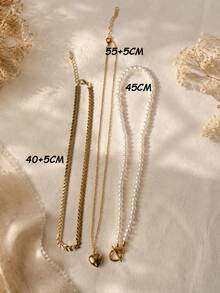 Hegaze 1 Set French Style 3-Layer Stacked Necklace For Women, Gold Snake Chain With Pearl, OT Clasp Chain, Heart Pendant, Multi-Layer Collarbone Chain, Gentle Commute Versatile Neck Accessory - Yellow Gold - View 3
