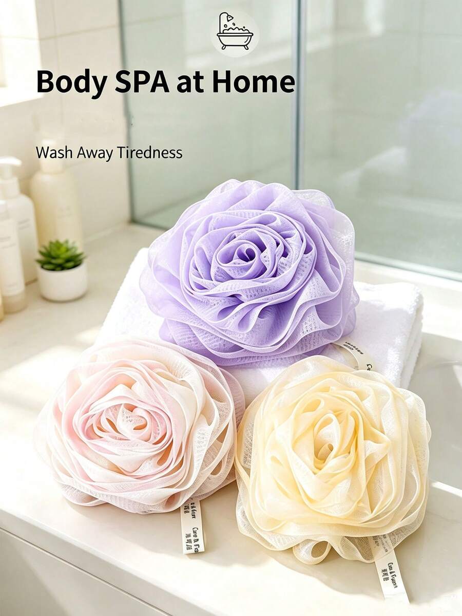 1PC/6PCSlegant Rose‑Shaped Bath Sponge Mesh Loofah, Soft Floral Body Shower Ball, Rich‑Foam Bathing Accessory With Hanging Loop, Gentle Exfoliating Shower Scrubber For Body Cleaning, Lovely Bathroom Supply For Home Daily Bath Use