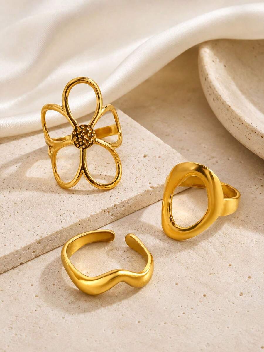Vintage 3D Hollow 5-Petal Flower Asymmetrical Wavy Plain Ring Set, Minimalist Premium Stackable Versatile Accessory - Gold - View 1