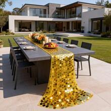 2 pezzi Runner da tavolo romantico in oro con grandi paillettes, centrotavola per feste di compleanno, decorazione per tavoli da ristorante, decorazione per tavoli da casa per riunioni festive, runner da tavolo in oro lucido, perfetto per decorazioni di negozi, celebrazioni di inaugurazione, Natale, Ringraziamento, Capodanno, San Valentino, anniversari, cerimonie romantiche al chiuso/all'aperto, feste in spiaggia, feste di fidanzamento, matrimoni - Dorato - Visualizzare 7