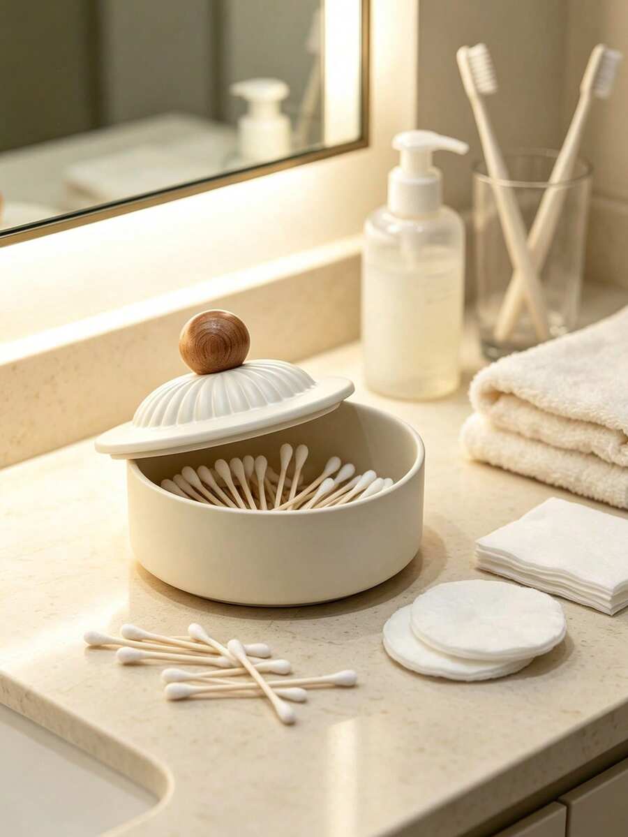 1pc Ceramic Cotton Swab Storage Jar, Dust-Proof Makeup Pad Storage Box, Desktop Jewelry & Miscellaneous Storage Container, Blending Decorative Aesthetics With Daily Practicality - Light Khaki - View 1