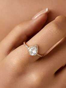 1pc Gold Copper Material Fashion Exquisite Luxury Elegant Water Drop Sparkling Rhinestone Cubic Zirconia Open Ring Suitable For Women Girls Daily Holiday Date Wedding Vacation Commute Wear - Gold - View 4