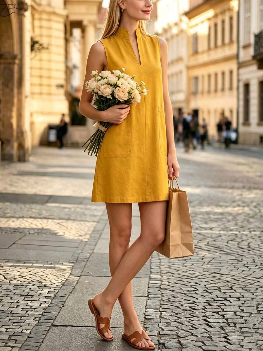 Spring/Summer New V-Neck Large Pocket Design Solid Color Elegant Versatile Commuting Simple Office Sleeveless Dress For Women, Minimalist Yellow - Yellow - View 1