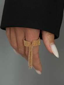 1pc Vintage Fashion Geometric Curved Bead Chain Tassel Charm Ring, Elegant & Glamorous For Daily Casual, Party, Gathering, Couple Date, Women's Holiday Versatile Jewelry Ring Gift (Chain & Bead Quantity Subject To Actual Product) - Ring - View 3