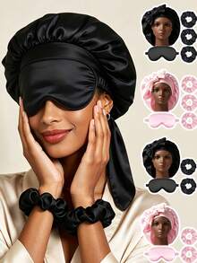 1/2/3/4/5 piezas Gorro de dormir de satén para mujer con lazo, gorro de dormir de seda, incluye antifaz y coletero de satén, set de cuidado del cabello, adecuado para la hora de dormir, viajes y uso diario en casa - Multicolor - Ver 1