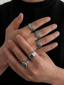5pcs Vintage Distressed Cross Texture Natural Stone Ring Set, Asymmetrical Textured Colorful Stone Rings, American Punk Men's Stackable Hand Jewelry - White K - View 8