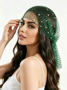 1pc Rhinestone Fishnet Headscarf, Crystal Fishnet Headwrap, Sparkling Rhinestone Mesh Long Tail Hair Cap, Party Bridal Styling Headpiece, Elastic Hairband, Luxury Black Rhinestone Mesh Headwrap Scarf - A - View 7