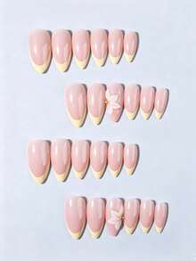 24pcs Long Almond Shape 3D Press-On Nails, Pearl Embellished Floral French Style Fake Nails, Includes 1pc Jelly Glue And 1pc Nail File, Floral Nail Art Makes Fingertips Shine, Suitable For Party, Ball And Daily Wear - Yellow - View 3