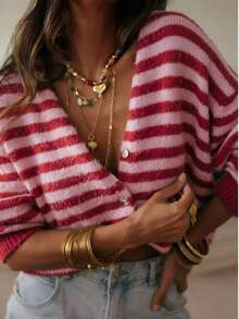 Women's Striped Knit Ribbed Button Front Long Sleeve Cardigan, Casual Elegant Country Music Concert, Vacation, Spring Autumn Winter Red Fall - Red - View 2