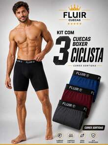Kit com 3 Cuecas Boxer Ciclista Lisa Box Masculino Adulto Forro 100% Algodão Conforto e Qualidade. - Multicolorido - Visão 2