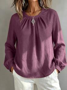 Kemeja Wanita Warna Burgundy, Kerah Bulat, Lengan Panjang, Detail Lipatan, Bahan Tenun, Cocok untuk Dipakai di Musim Gugur - Purple - View 4