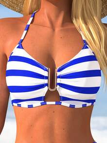 SwimNova New Summer Fashion Women's Halter Striped Bikini Set, Metal Detail High Waist Swim Bottoms, Suitable For Beach Vacation, Date, Party - Multicolor - View 6