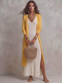 Women's Yellow Ribbed Long Knit Cardigan, V-Neck Open Front Knit Jacket, Casual Commute Versatile, Suitable For Spring, Summer And Autumn, Outdoor Top - Yellow - View 3