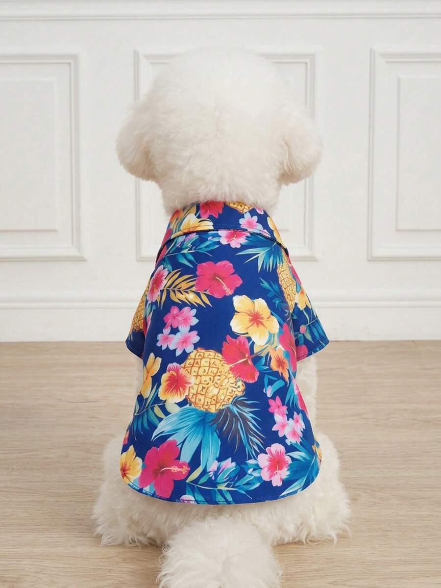 LUCKIE LABO 1 件菠萝和芙蓉热带印花宠物衬衫,适合猫狗室内/室外穿着 - 彩色 - 查看 1