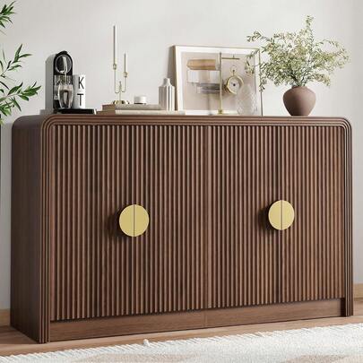 Modern Fluted Sideboard Buffet Cabinet Wood Credenza Storage Cabinet With Adjustable Shelves Wavy Grain Doors Coffee Bar Table For Kitchen Living Room Entryway Walnut