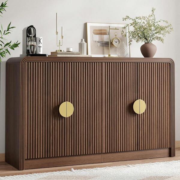 Modern Fluted Sideboard Buffet Cabinet Wood Credenza Storage Cabinet With Adjustable Shelves Wavy Grain Doors Coffee Bar Table For Kitchen Living Room Entryway Walnut