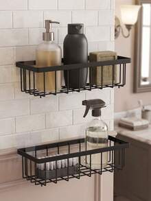 Scaffale da parete per spezie e prodotti da cucina con installazione senza foratura. Adatto per organizzare utensili da cucina, articoli da bagno, barattoli di spezie, prodotti per la cura della pelle e altro; può essere appeso in cucina, bagno, dietro le porte o nell'ingresso. - nero - Visualizzare 2