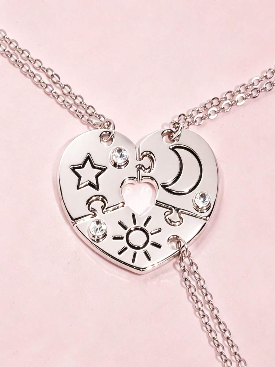 3pcs/Set Children's Jewelry Sun Moon Star Matching Necklace Silver Rhinestone Best Friend Friendship Gift - one-size - View 1