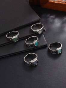 5pcs Vintage Distressed Cross Texture Natural Stone Ring Set, Asymmetrical Textured Colorful Stone Rings, American Punk Men's Stackable Hand Jewelry - White K - View 6