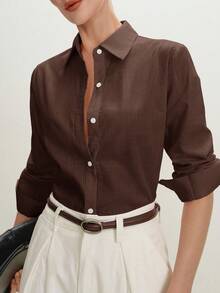 ABizChic Camisa de mujer verde haba, primavera con solapa, apertura frontal,  en capas, elegante minimalista casual para ir al trabajo, citas, uso diario, la  vintage francés, frescosss Q3JP - Marrón 2 - Ver 8