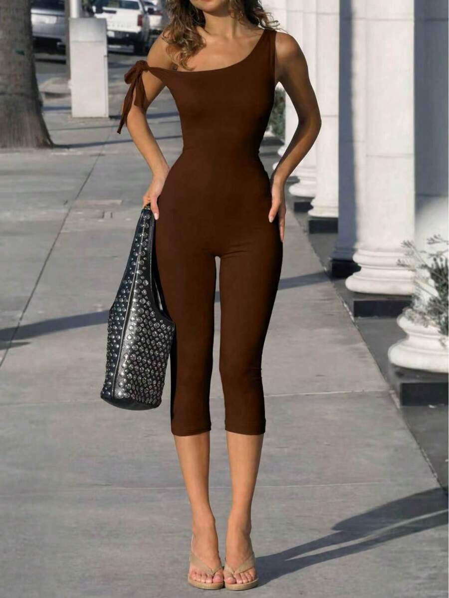 VIVINA 女款春夏純色不對稱綁帶修身連身褲，極簡百搭日常穿搭度假設計 - 棕色 - 查看 1
