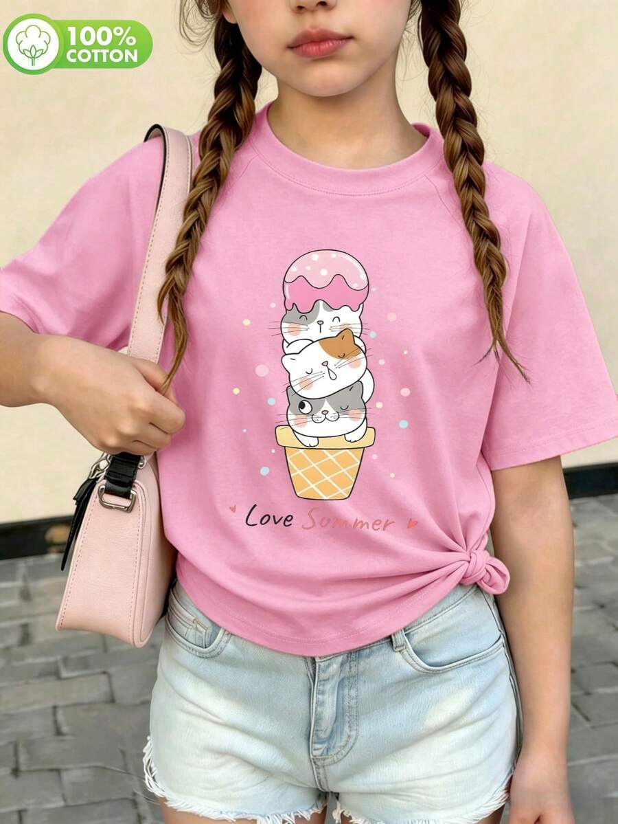 Tween Girls' Pure Cotton Raglan Short Sleeve T-Shirt, Graphic Print, Soft, Breathable & Loose Fit, Cute Sweet Preppy Kid Style - Light Wine Red - View 1