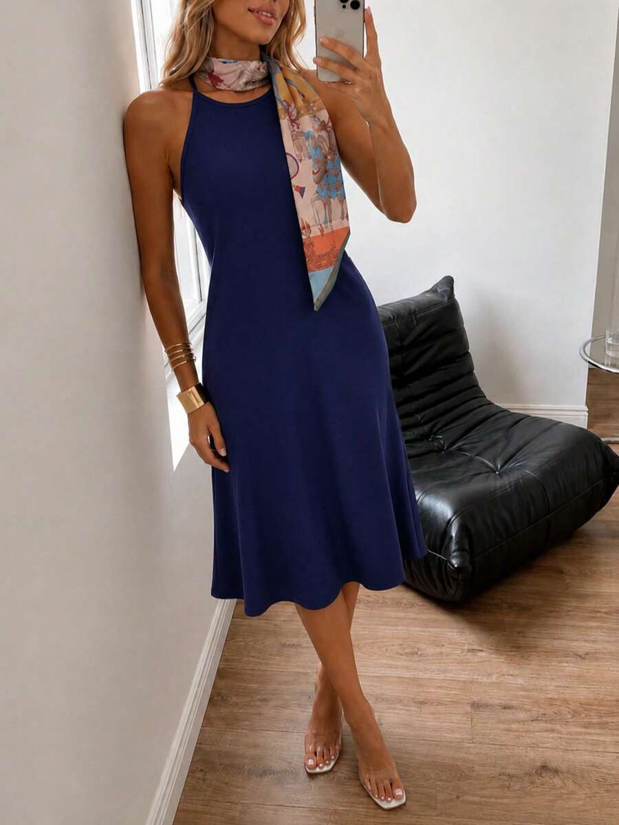 Women's Navy Blue Long Knit Dress – Comfortable Fit - Navy Blue - View 1