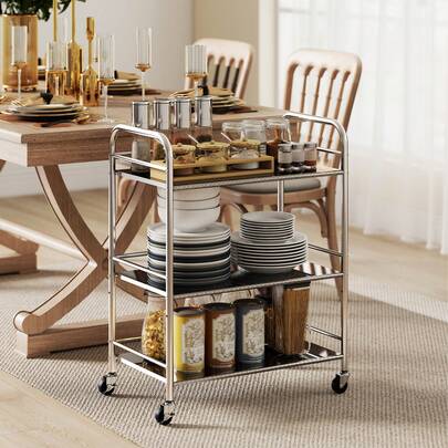 HOMCOM Stainless Steel Utility Cart, 3 Tier Rolling Cart With Adjustable Shelf, Serving Storage Trolley On Wheels With Handles For Kitchen, Dining Room, Bathroom, Silver